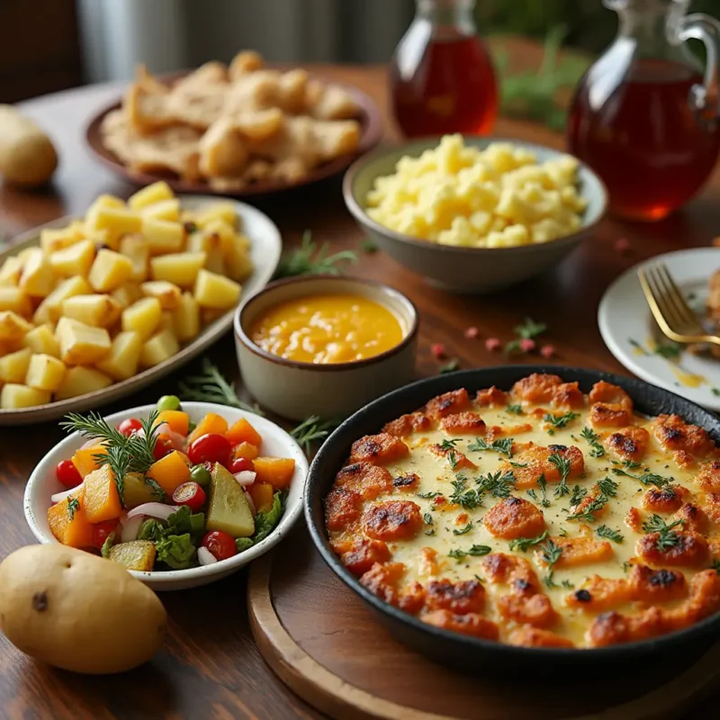 "A family-style dining table showcasing a variety of Yukon Gold potato dishes, including golden roasted potatoes, creamy mashed potatoes, colorful potato salad, and a rustic potato gratin. Fresh herbs, a pitcher of iced tea, and warm lighting create a cozy, inviting atmosphere that highlights the versatility of Yukon Gold potatoes."