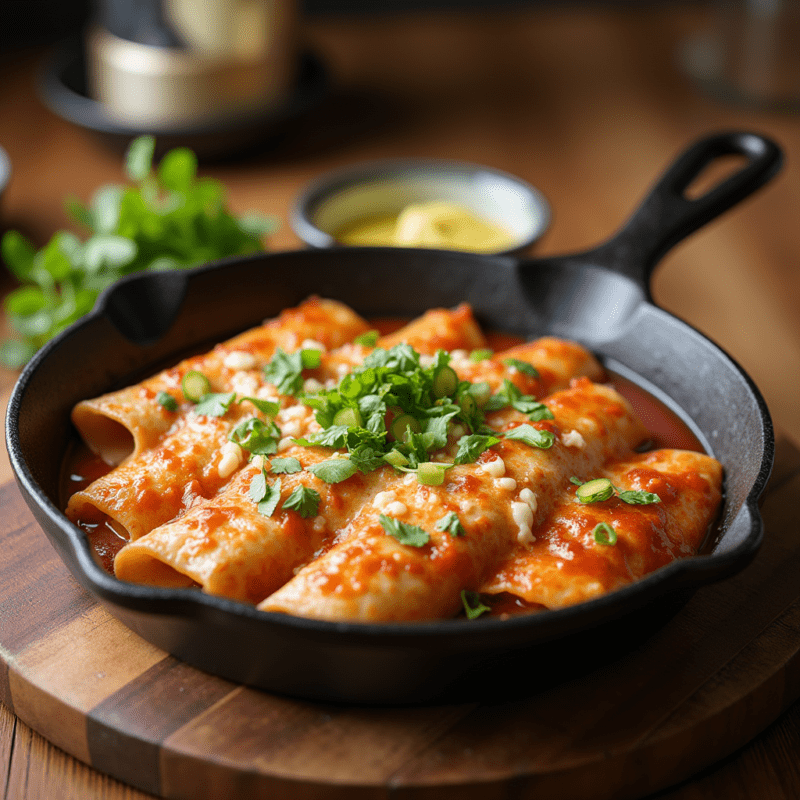  Boulders Enchiladas Recipe topped with melted cheese, and fresh cilantro, served in a cooking pan.