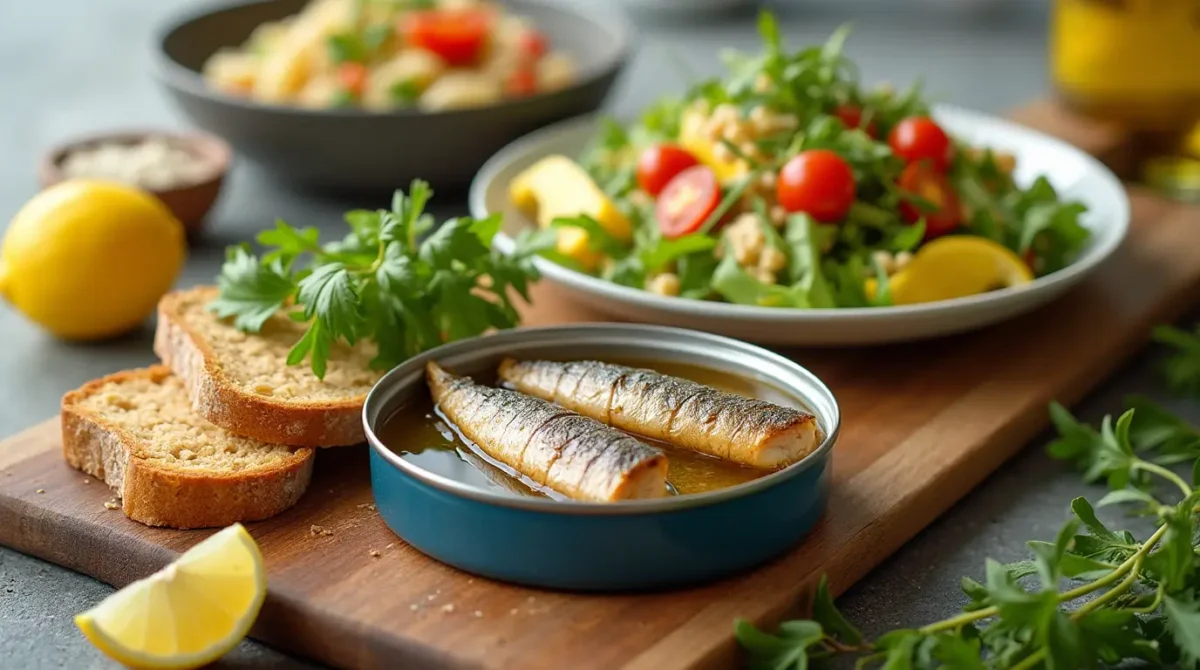 "Fresh canned sardines served in a variety of healthy meals, including a colorful salad, whole-grain toast, and pasta, garnished with lemon slices and herbs, highlighting their versatility and nutritional benefits."