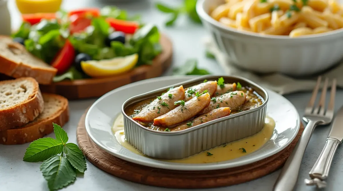 Canned Sardines served on a table with salad toast and pasta 