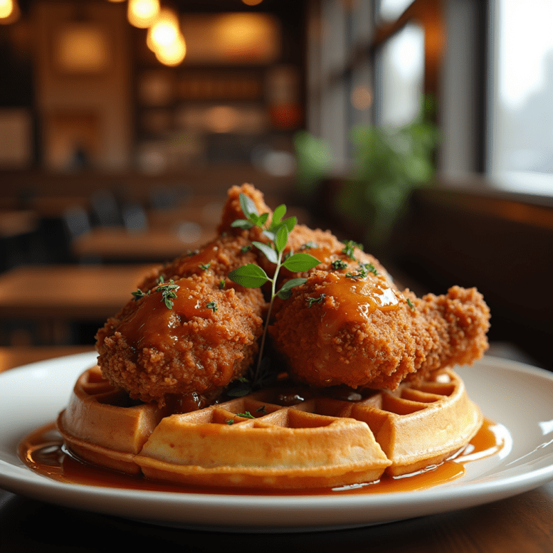 "A plate of Chicago-style Chicken and Waffles featuring golden, crispy fried chicken resting on fluffy waffles, drizzled with maple syrup and garnished with fresh herbs, served in a cozy diner setting."