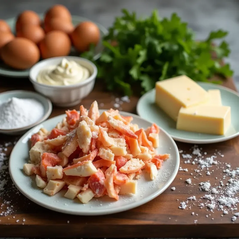 image showing Crab Brulee Ingredients including crab meat eggs , cream and granulated sugar.