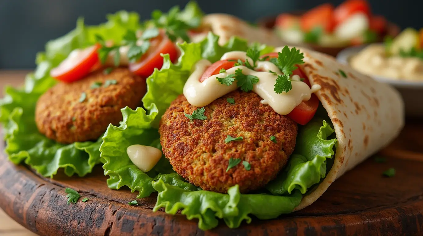 "A freshly made falafel wrap with golden-brown falafel patties, fresh lettuce, tomatoes, cucumbers, and tahini sauce in warm pita bread, garnished with parsley. Served on a wooden board with hummus and pickled vegetables, showcasing Middle Eastern flavors."