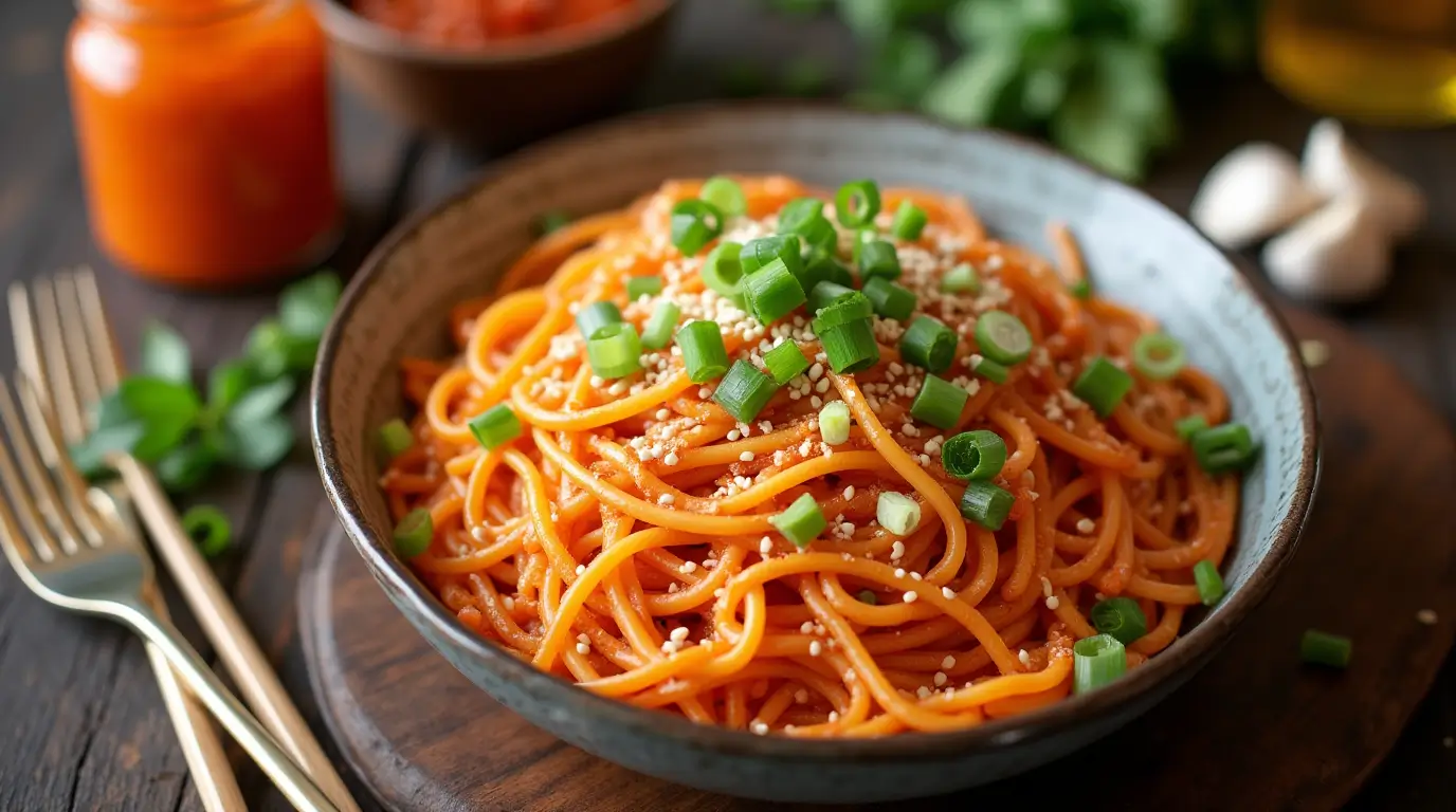 "A bowl of creamy Gochujang Pasta with spaghetti coated in a rich, spicy red-orange sauce, garnished with green onions, sesame seeds, and parmesan cheese. Styled on a rustic wooden table with gochujang paste, garlic, and sesame oil in the background."