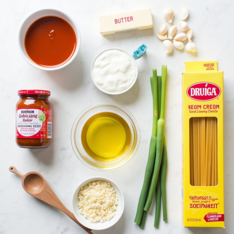 "A flat-lay photo of ingredients for Gochujang Pasta, including a jar of gochujang paste, heavy cream, fresh garlic cloves, butter, green onions, sesame oil, parmesan cheese, and spaghetti. Arranged neatly on a white surface with a wooden spoon and measuring cup for a rustic touch. Natural lighting highlights the vibrant colors and textures.