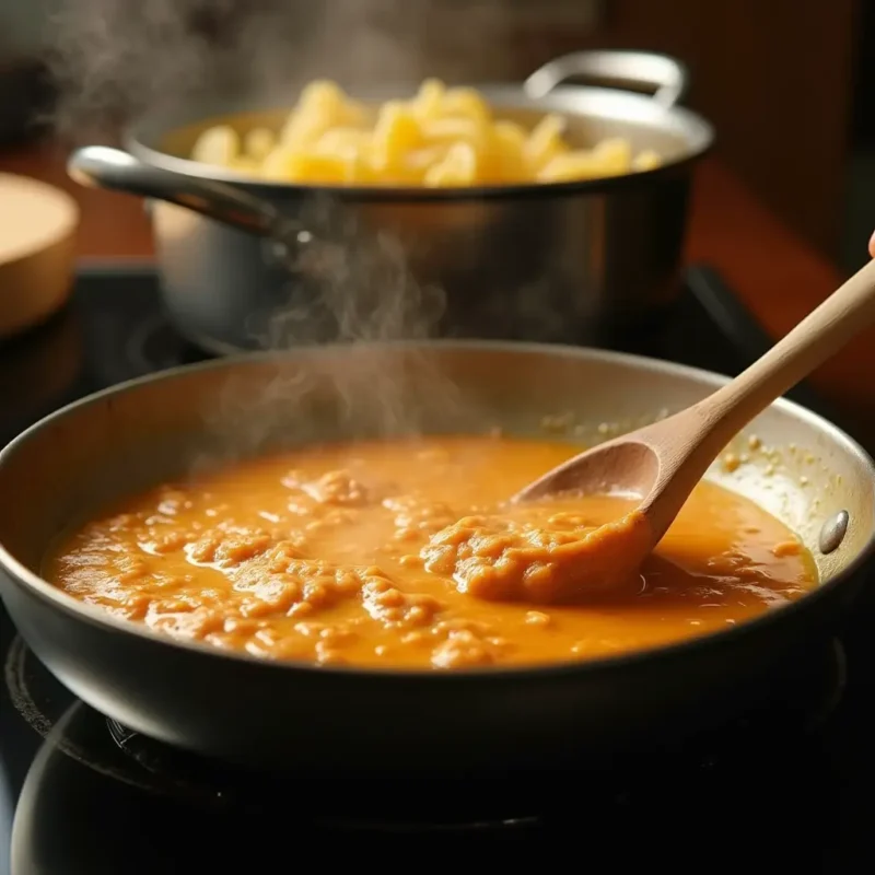 "A pan on a stovetop with gochujang and garlic being sautéed in melted butter, creating a rich, aromatic sauce. A wooden spoon stirs the mixture, with steam rising and a pot of boiling pasta visible in the background. Warm lighting highlights the cooking process, evoking a cozy kitchen atmosphere.