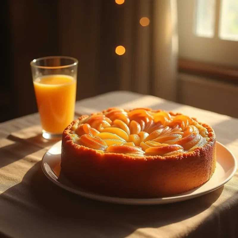 "Perfectly baked Invisible Apple Cake with thin, translucent apple layers visible through the delicate, golden batter. The cake is sliced to reveal its clear, layered texture, and elegantly placed on a cake plate.