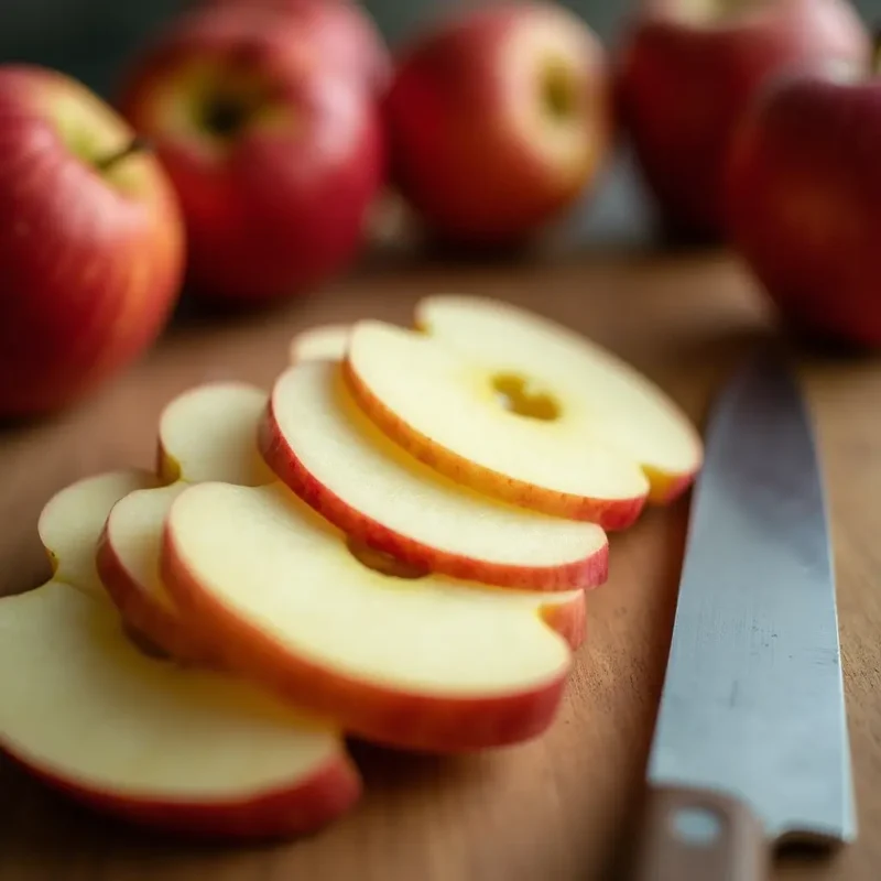 "Close-up of thinly sliced apples on a wooden cutting board, with a sharp knife beside them.