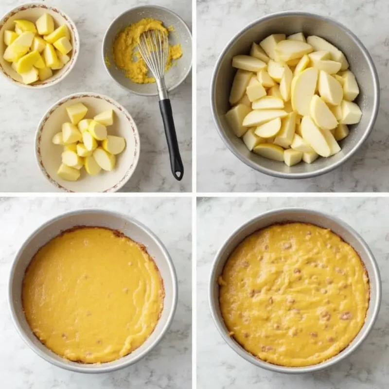 
"Step-by-step preparation of Invisible Apple Cake: Thinly sliced apples arranged in layers with smooth batter, showcasing the layering technique for a transparent, magical dessert." 

Let me know if you’d like to tweak anything!