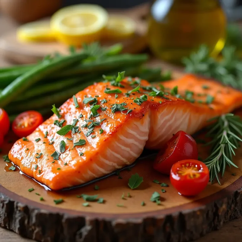 
"Close-up of a crispy Marry Me Salmon fillet drizzled with lemon-herb sauce, served on a rustic wooden board with roasted cherry tomatoes, steamed green beans, and fresh herbs. The cozy kitchen background includes olive oil, lemon slices, and rosemary, creating a warm and inviting scene."