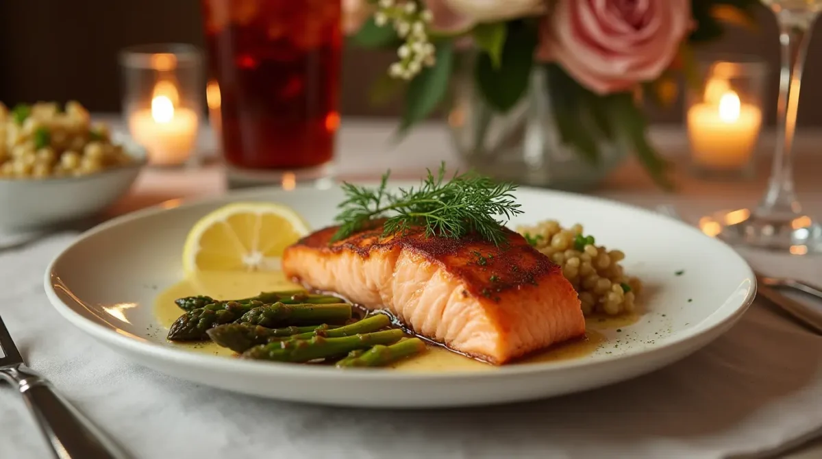 "A perfectly seared Marry Me Salmon fillet with a golden crust, garnished with fresh dill and parsley, served on a white plate with roasted asparagus and garlic herb quinoa. Set in a romantic ambiance with candlelight, a glass of white wine, and fresh flowers in the background."