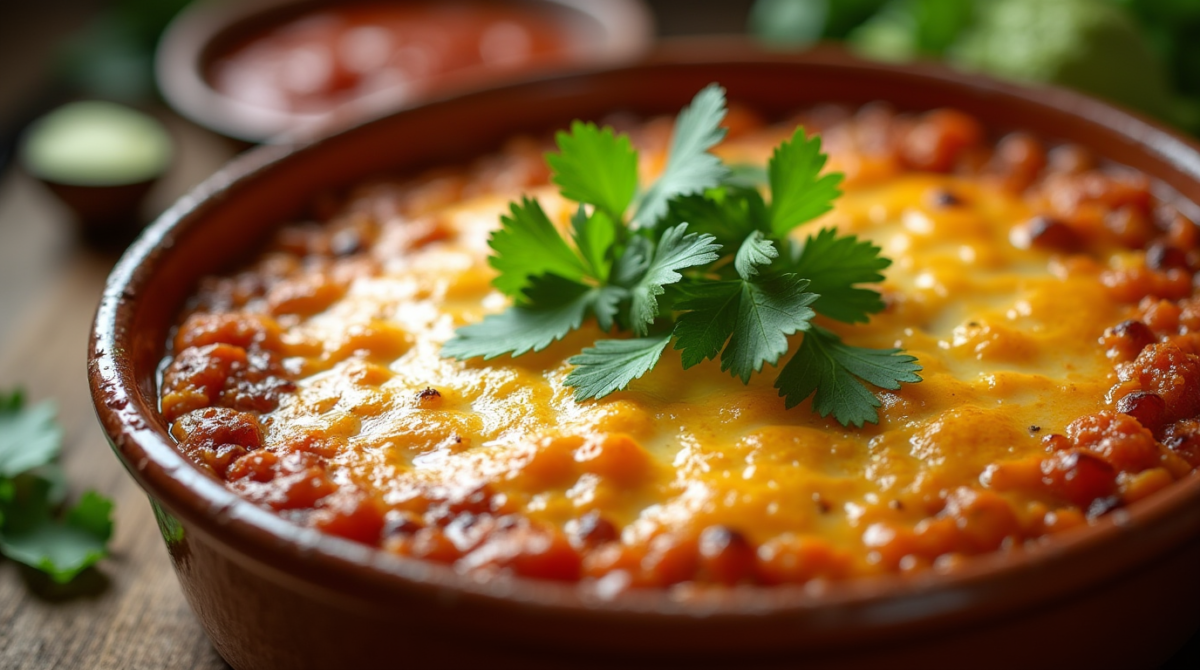 A freshly baked Mexican casserole in a ceramic dish, topped with melted cheese, fresh cilantro, and a side of guacamole and salsa."