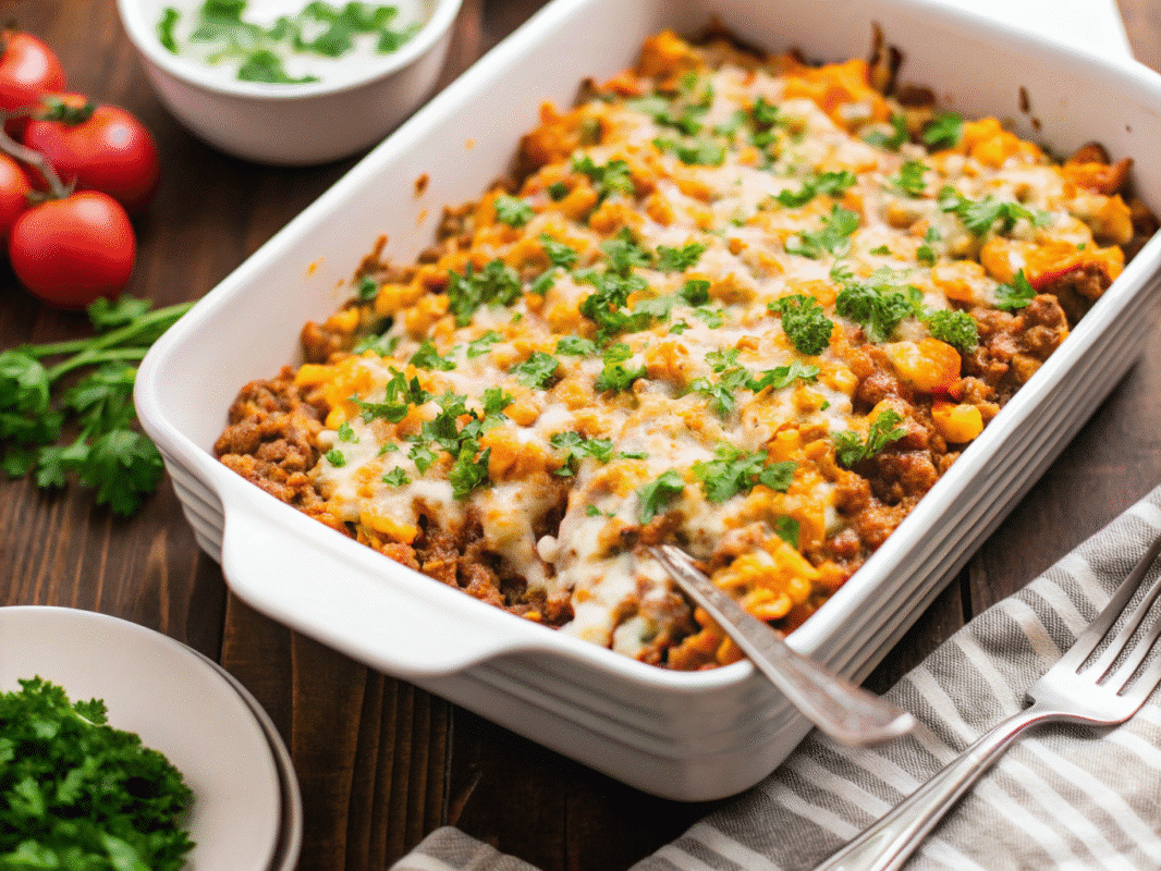 "A delicious, freshly baked Mexican casserole in a white baking dish, topped with melted cheese, vibrant corn kernels, and fresh cilantro. The dish is set on a wooden table, surrounded by fresh ingredients like tomatoes and parsley, creating an inviting and appetizing scene."