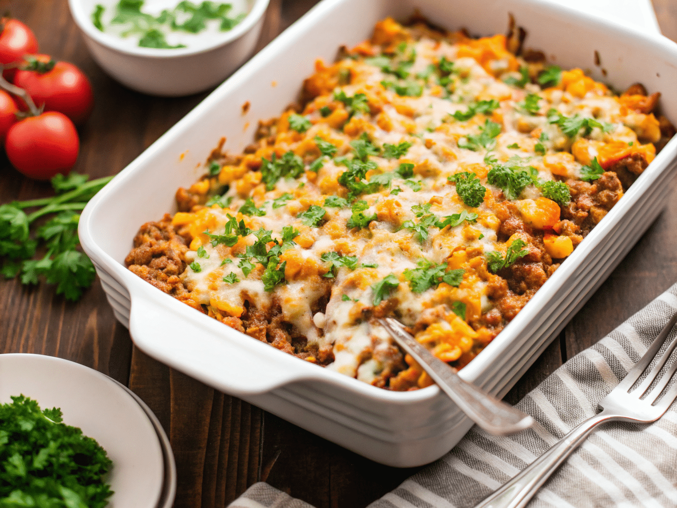 "A delicious, freshly baked Mexican casserole in a white baking dish, topped with melted cheese, vibrant corn kernels, and fresh cilantro. The dish is set on a wooden table, surrounded by fresh ingredients like tomatoes and parsley, creating an inviting and appetizing scene."