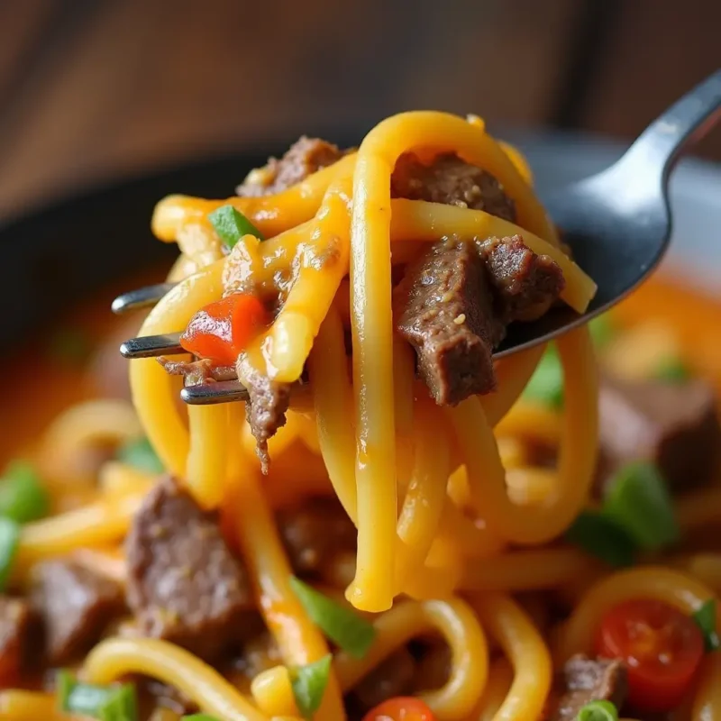 Close-up of creamy Philly cheesesteak pasta on a fork, featuring melted cheese, tender steak, and colorful sautéed peppers and onions, set on a rustic wooden table.