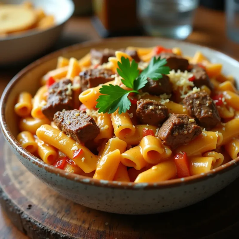 A steaming bowl of Philly cheesesteak pasta with creamy cheese sauce, tender steak, sautéed peppers and onions, garnished with fresh parsley, served alongside garlic bread on a cozy kitchen table.