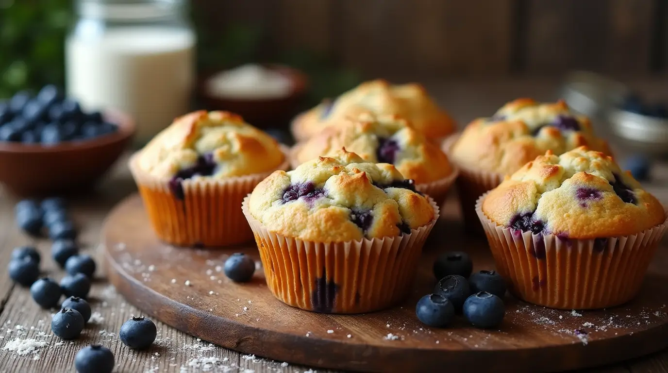 "Freshly baked sourdough blueberry muffins on a wooden tray, surrounded by fresh blueberries, a jar of sourdough starter, and a bowl of flour, showcasing a cozy homemade baking scene."