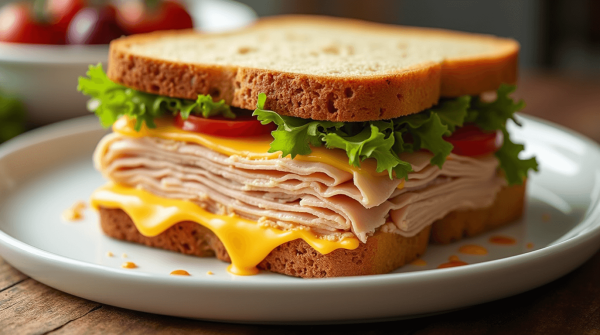 "A  photo of a turkey cheese sandwich, including sliced turkey, assorted cheeses (Swiss, cheddar, provolone), fresh bread, lettuce, tomatoes, mayo and mustard