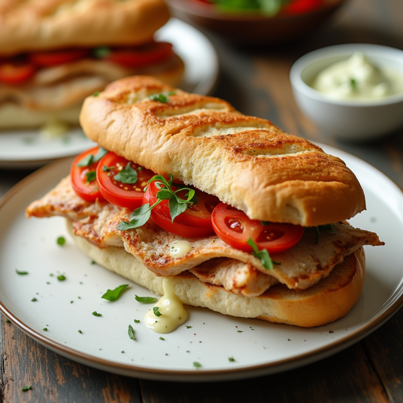 A Turkey Cheese Sandwich made with French Baguette is filled with grilled turkey meat, tomato slices, mayo, and fresh herbs.