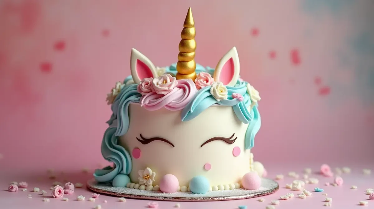 "Close-up of a colorful unicorn cake with pastel frosting, golden horn, and edible glitter."