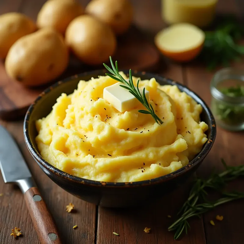 "A rustic wooden table featuring a bowl of creamy mashed Yukon Gold potatoes topped with a sprig of rosemary and melting butter, surrounded by whole Yukon Gold potatoes, a cutting board with a knife, and a jar of herbs. Warm, inviting tones highlight the rich, buttery texture of the potatoes."