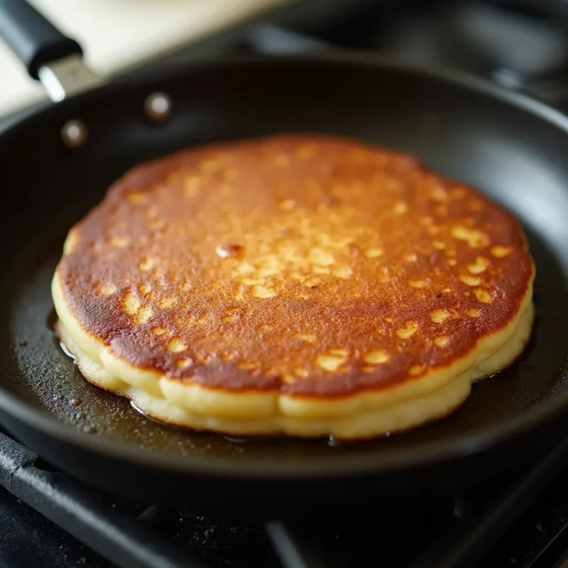 An image showing a golden American pancake on a skillet in the cooking process.