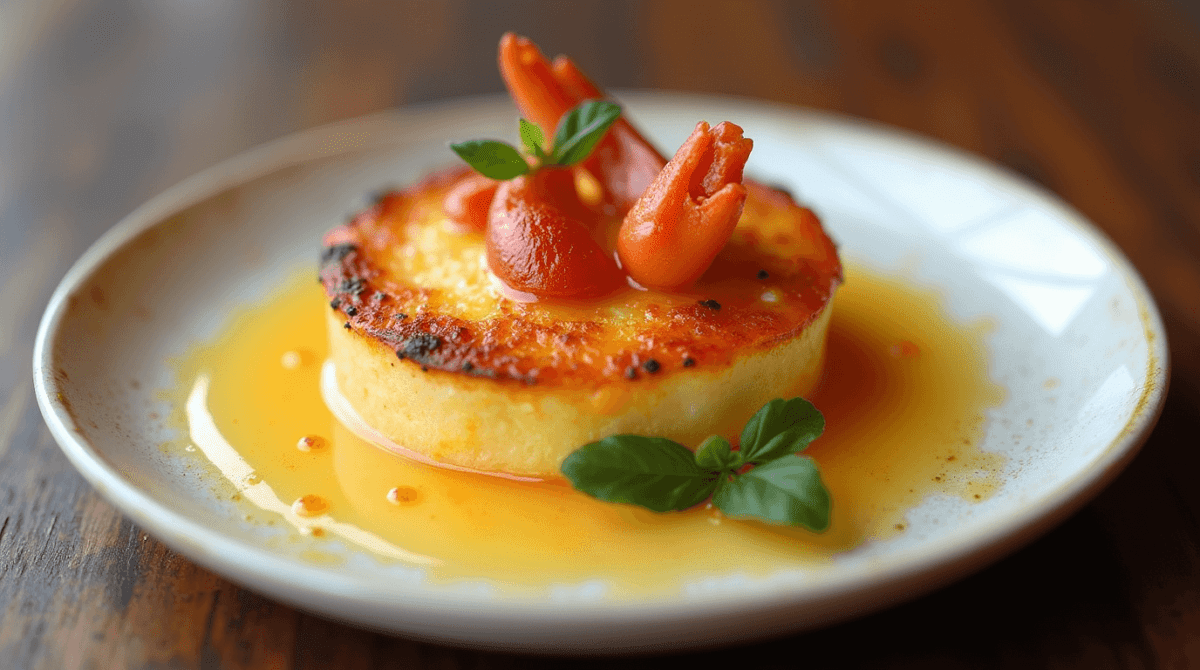 "Golden caramelized crab brûlée in a ramekin, with creamy custard, tender crab, and a garnish of herbs .""