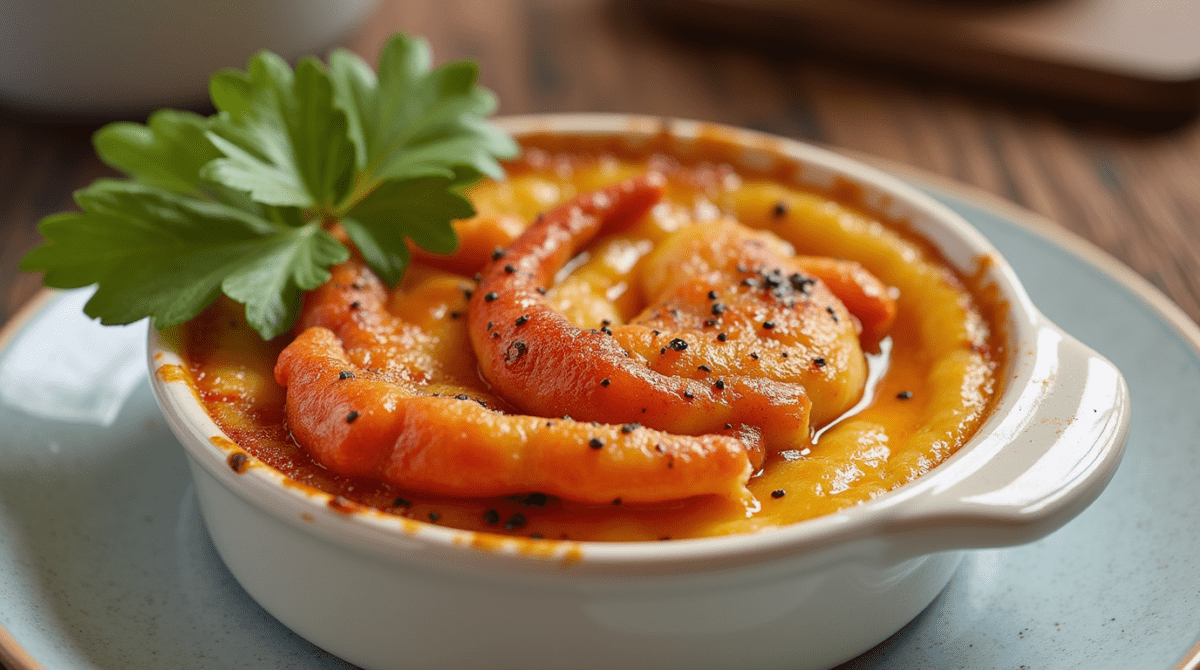 "Golden caramelized crab brûlée in a ramekin, with creamy custard, tender crab, and a garnish of herbs ."