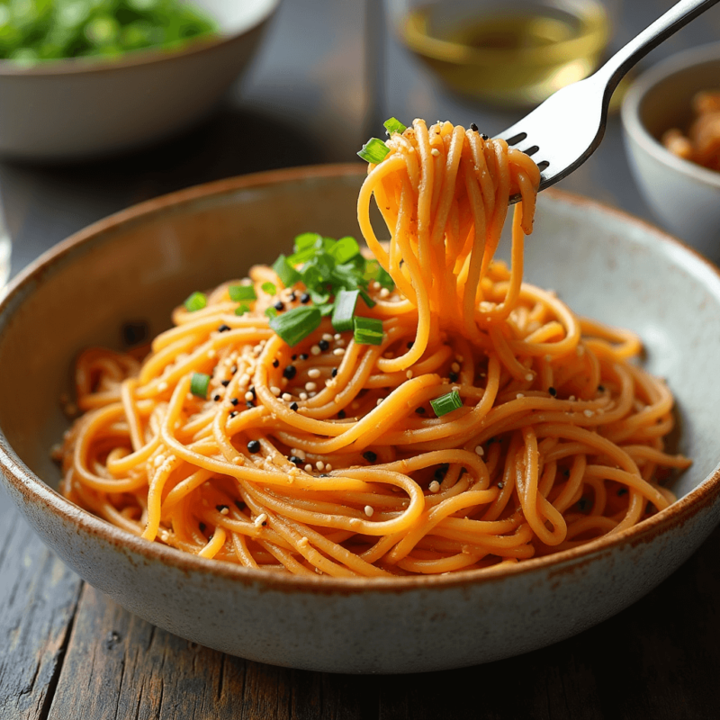 "A beautifully plated bowl of Gochujang Pasta, featuring spaghetti coated in a creamy, red-orange sauce. Garnished with chopped green onions, toasted sesame seeds, and a drizzle of sesame oil. A fork twirls the pasta, with a rustic wooden table and a glass of white wine in the background, creating an inviting dining scene."