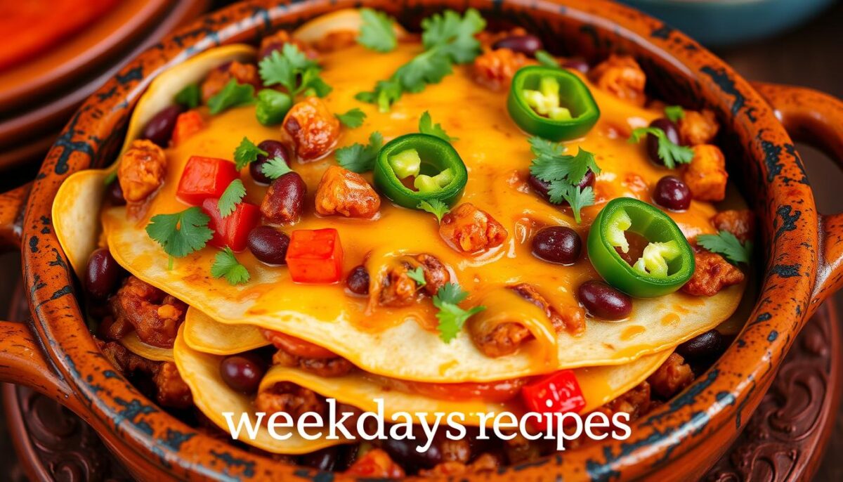 "A freshly baked Mexican casserole in a ceramic dish, topped with melted cheese, fresh cilantro, and a side of guacamole and salsa."