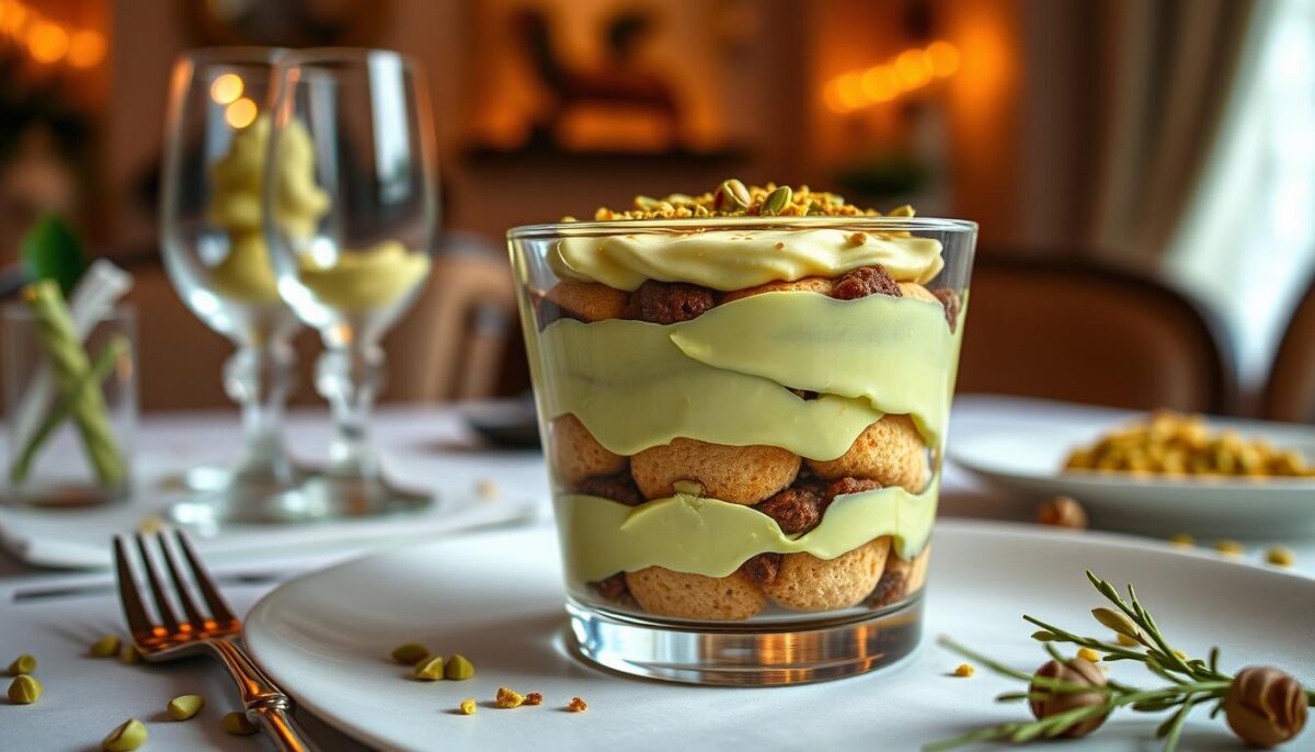  tiramisu served in a big cup with pistachio topping and a delicious cream 