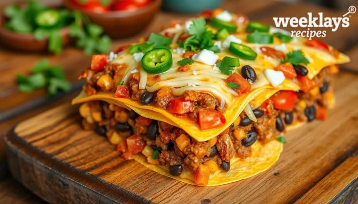 "A plate of Mexican casserole served with a side of fresh salad, showcasing melted cheese, corn, and cilantro on top, accompanied by vibrant tomatoes and herbs in the background."