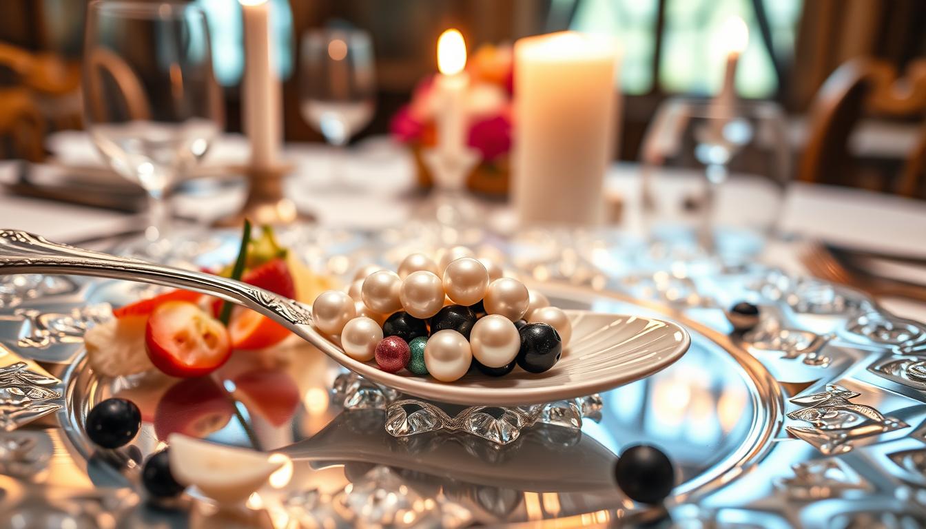 "Close-up of Beluga Caviar pearls on a silver spoon, showcasing their large size, glossy texture, and luxurious appeal."