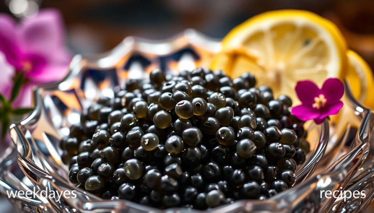 An elegant close-up of Shimmering Beluga Caviar in a crystal dish