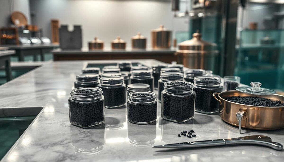 image showing a Caviar facility where Beluga Caviar is stored in jars.