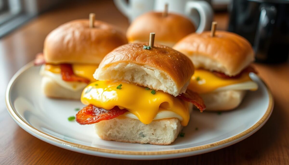 A plate of freshly made breakfast sliders with fluffy buns, scrambled eggs, crispy bacon, melted cheese, and a side of fresh vegetables, perfect for a quick and tasty morning meal."