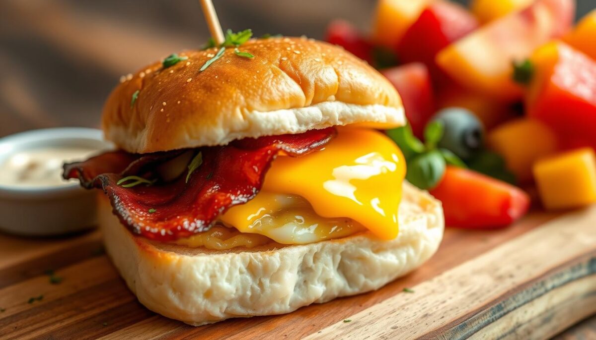 "Close-up of a breakfast slider with toasted buns, a golden fried egg, savory sausage, melted cheese, and a sprinkle of fresh herbs, ready to be enjoyed."