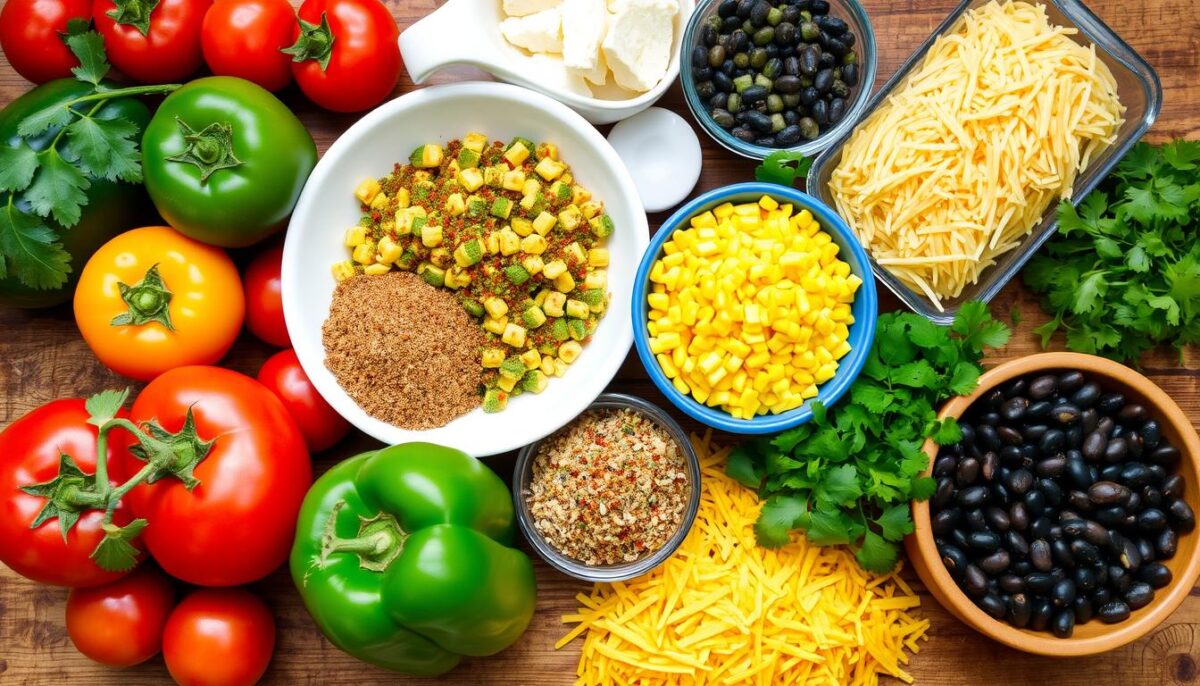 "Assorted ingredients for a Mexican casserole, including ground beef, black beans, shredded cheese, tortillas, and spices, arranged on a kitchen counter."