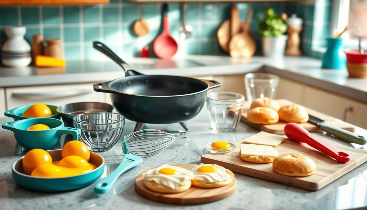 "A collection of fresh ingredients and kitchen utensils for making breakfast sliders, including eggs, , a skillet, and a cutting board, neatly arranged on a countertop."