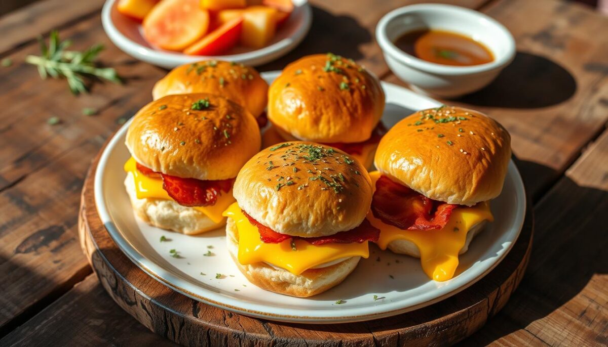 "A variety of breakfast sliders on a wooden board, featuring different fillings like scrambled eggs, crispy bacon, sausage, and melted cheese, garnished with fresh herbs and served with a side of coffee."