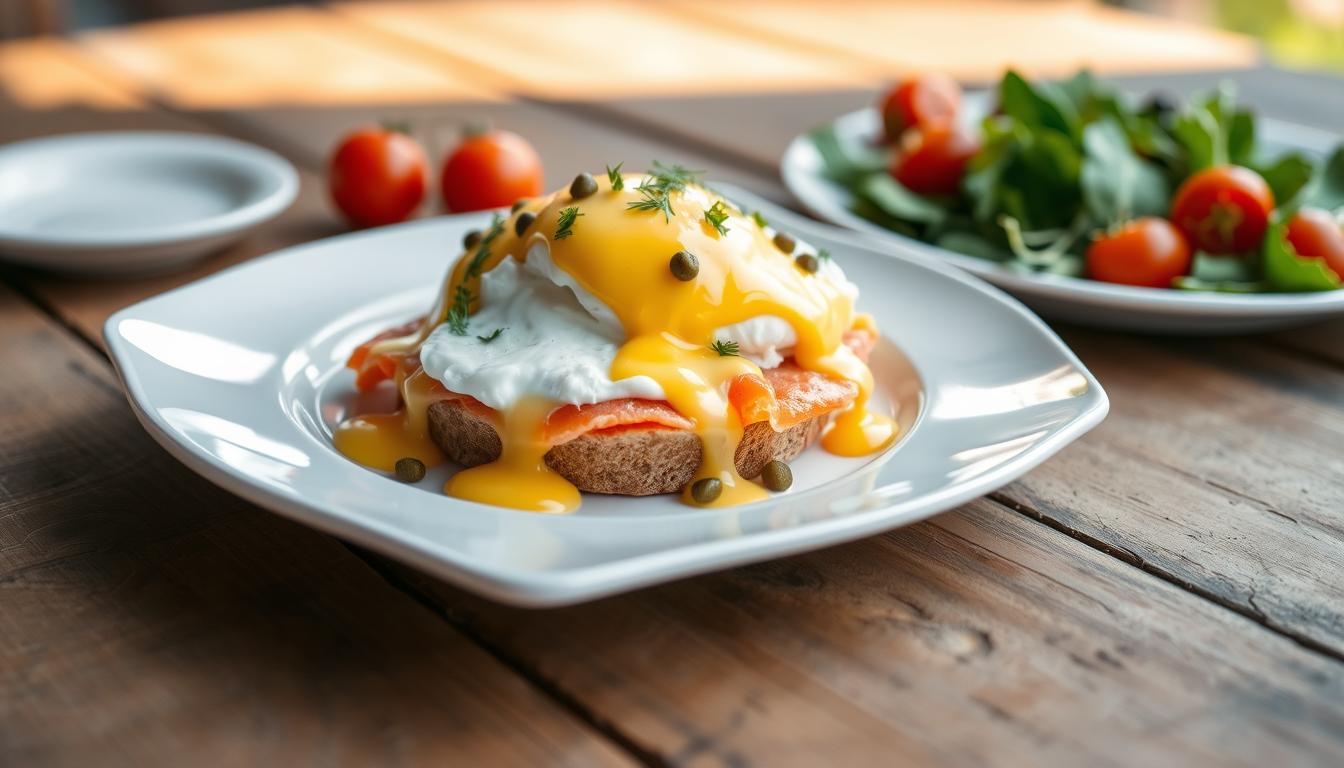 "Smoked Salmon Benedict on a plate, featuring poached eggs, smoked salmon, and hollandaise sauce on toasted English muffins, garnished with fresh dill."