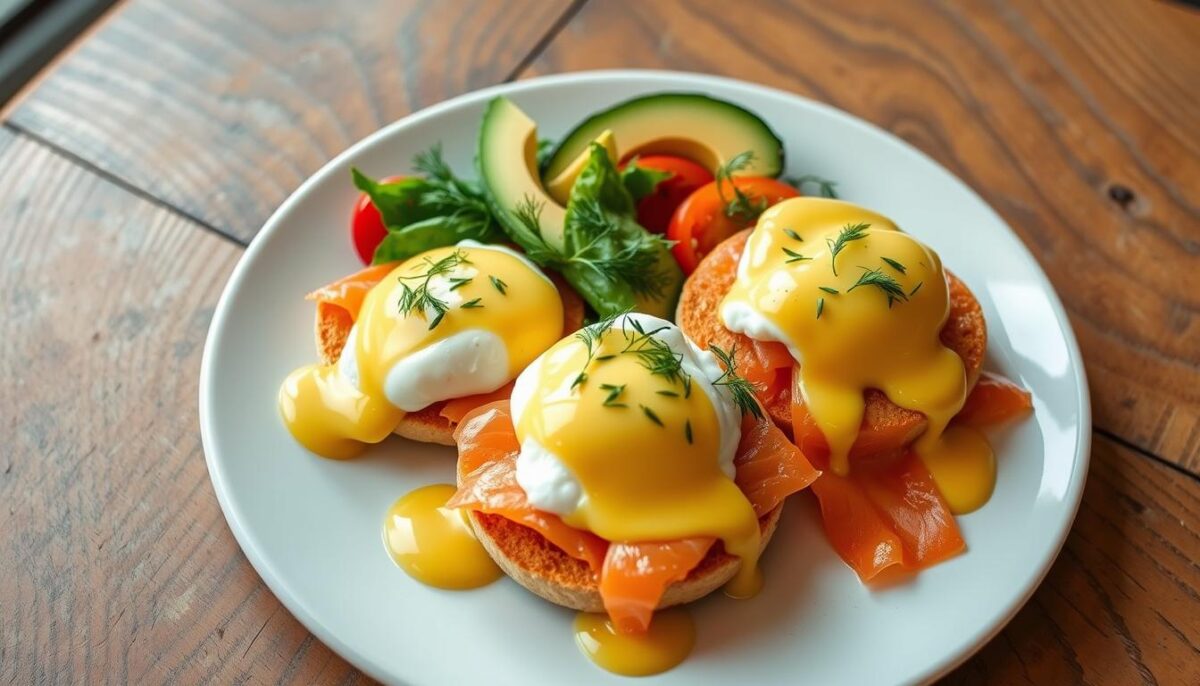 "Assembled Smoked Salmon Benedict plated elegantly with a side of fresh greens, roasted vegetables, and a mimosa for a complete gourmet brunch experience."