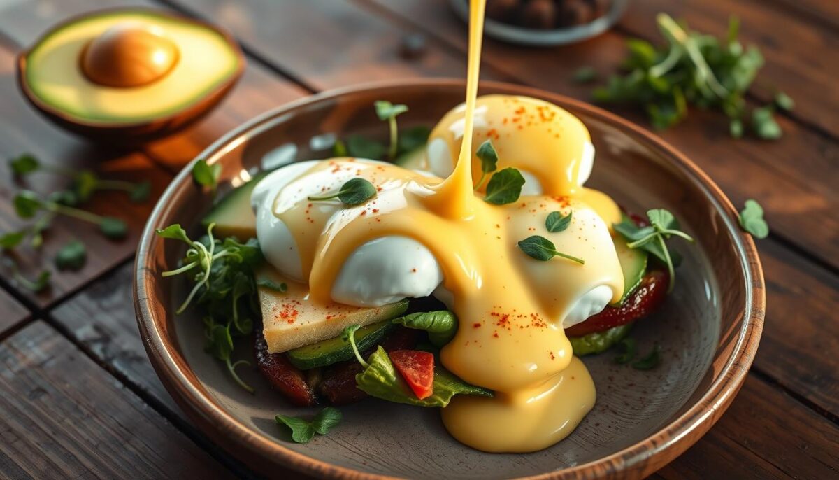 "Chef preparing hollandaise sauce in a kitchen, whisking egg yolks and melted butter in a stainless steel bowl for Smoked Salmon Benedict."