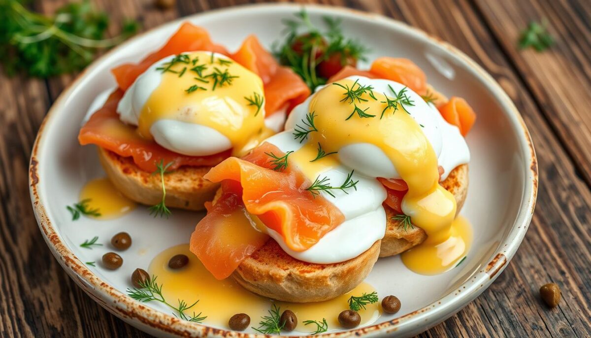 "Close-up of perfectly poached eggs and smoked salmon layered on toasted English muffins, drizzled with creamy hollandaise sauce and garnished with capers and fresh herbs."