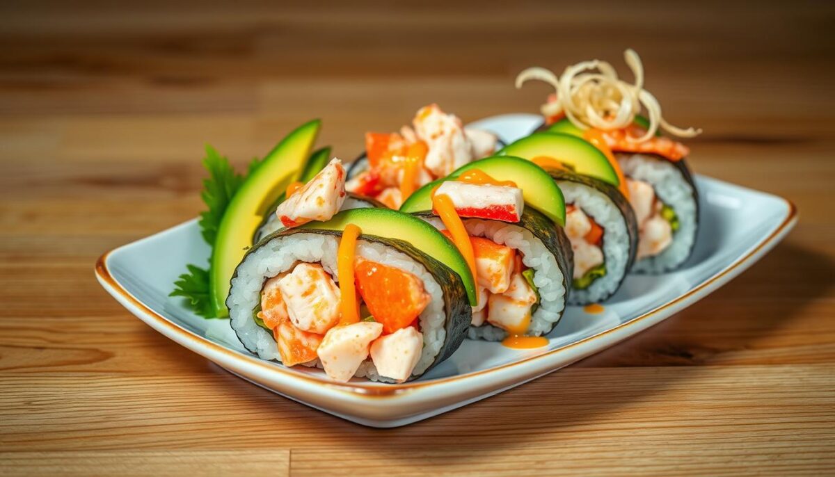 "Close-up of a perfectly rolled Lobster Roll Sushi, highlighting the tender lobster filling, sushi rice, and nori seaweed.