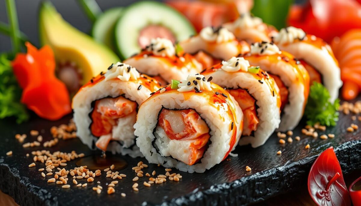 "Close-up of a perfectly rolled Lobster Roll Sushi, highlighting the tender lobster filling.