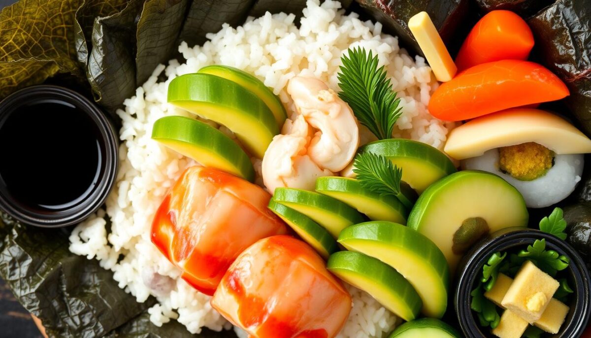 "Close-up of a perfectly rolled Lobster Roll Sushi, highlighting the tender lobster filling, sushi rice, and nori seaweed, served with soy sauce and pickled ginger."