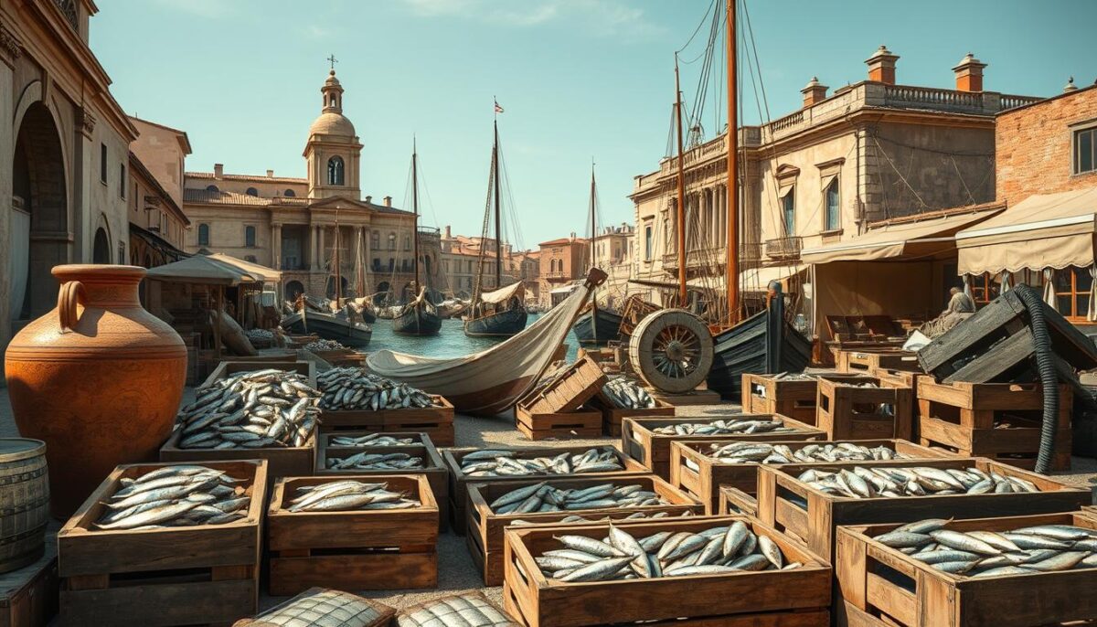 A photo memorizing ancient open market sales of fresh-fished sardines.