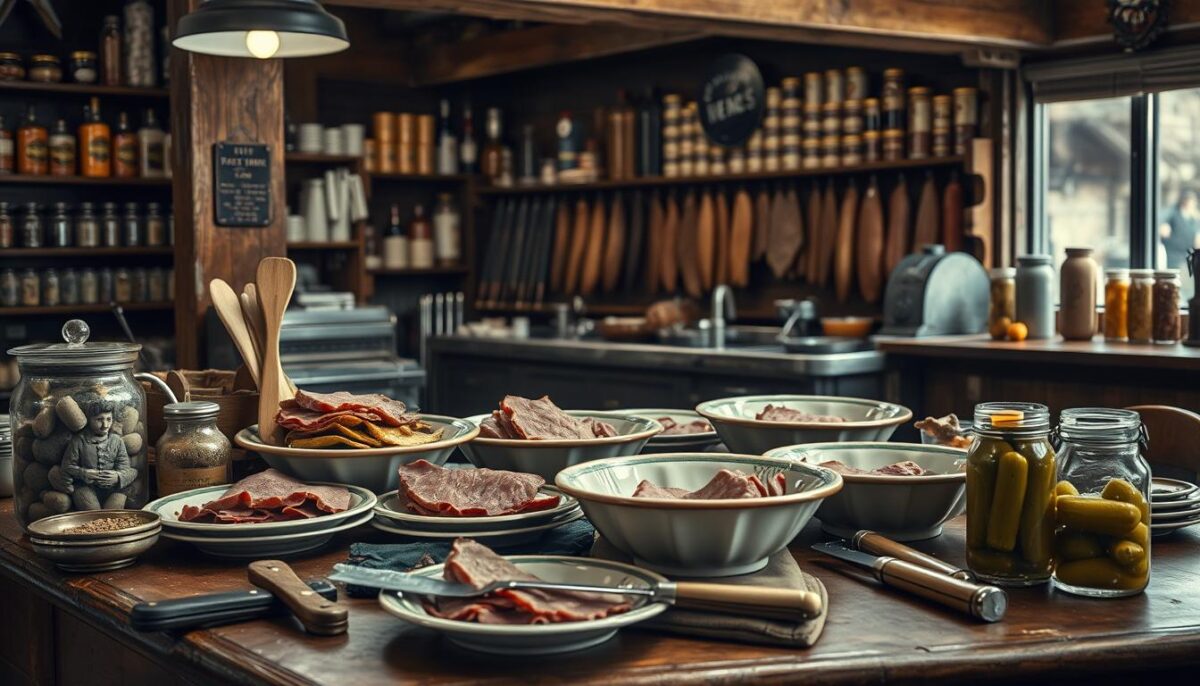 A traditional deli counter showcasing hand-carved pastrami, fresh rye bread, and classic condiments like mustard and pickles, evoking the authentic deli experience.