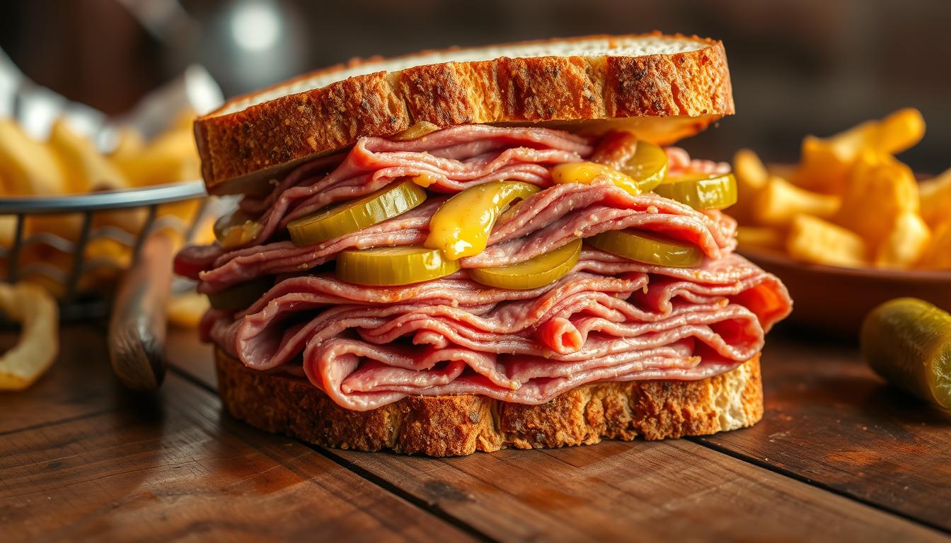 A close-up of a classic pastrami on rye sandwich, featuring tender slices of pastrami, melted Swiss cheese, and spicy brown mustard on dense rye bread, served with pickles on the side.